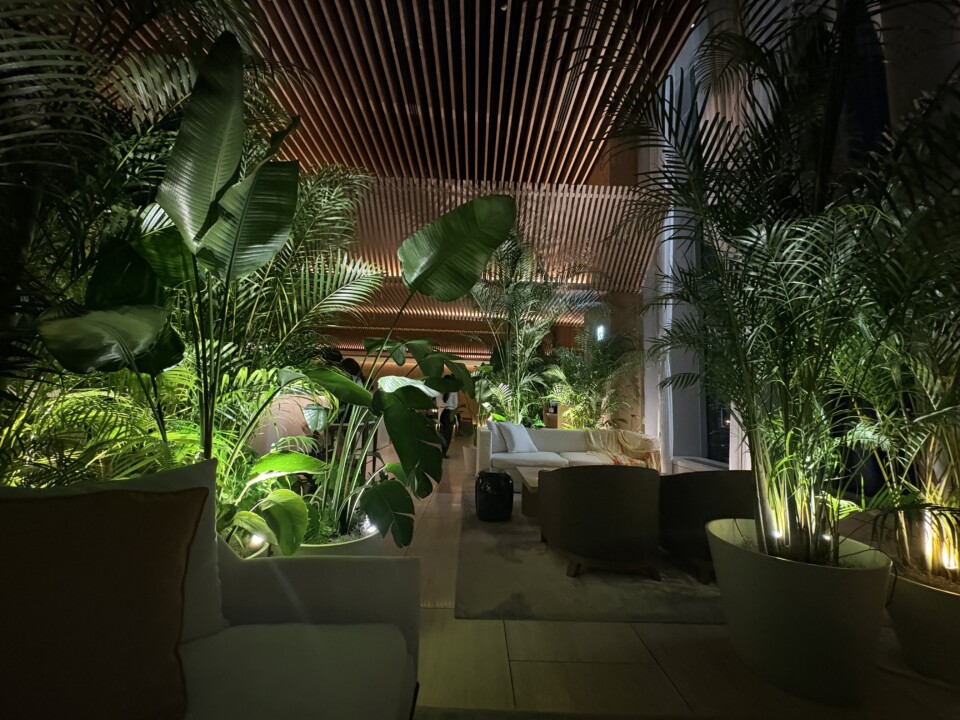 間接照明に照らされた三十一階のバーラウンジ。背の高い観葉植物に囲まれた白いソファと椅子
