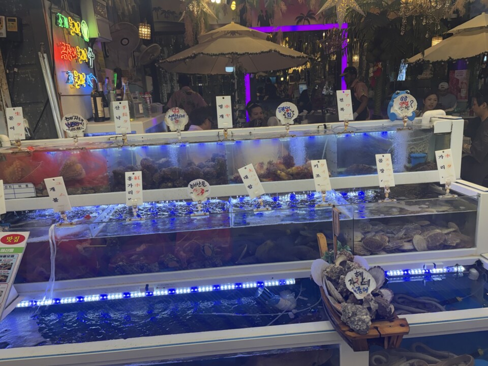 市場に並ぶ海鮮や揚げ物の屋台