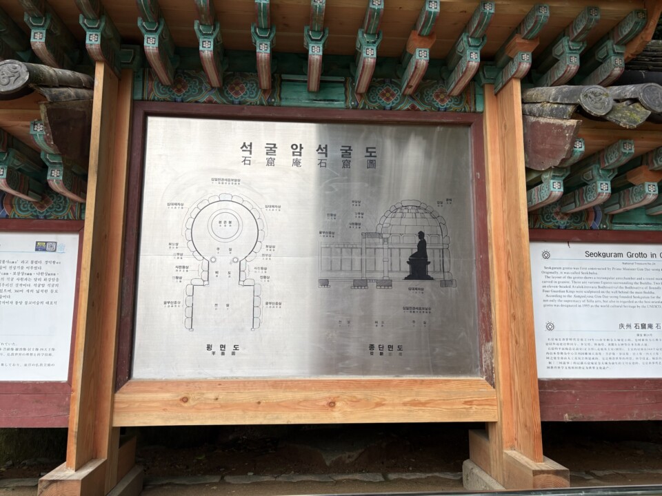 石窟庵石窟の平面図と断面図。方形の前室と円形の主室からなる構造