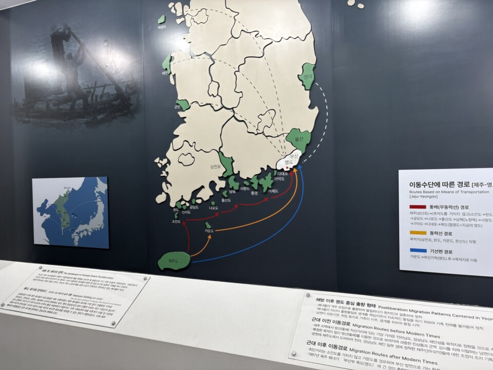 済州島から影島への海女の移動経路を示す展示館の地図