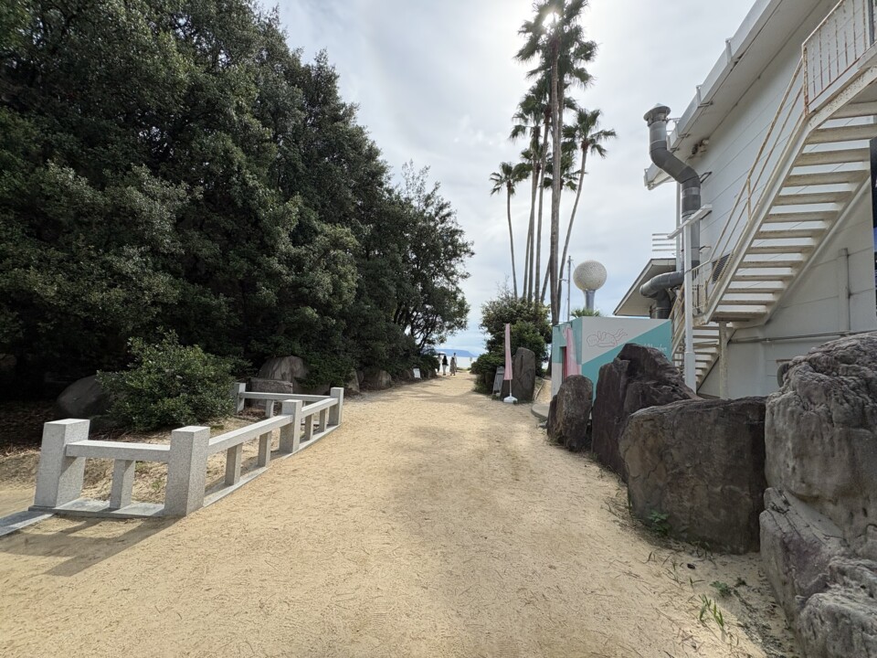 白い建物の脇を海へと続く砂の小道と、ヤシの木