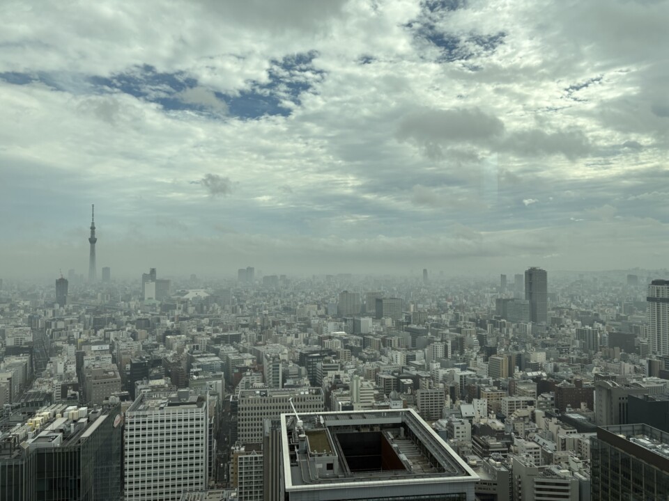 客室の窓から見た北東方向の東京。左奥に東京スカイツリーが立つ